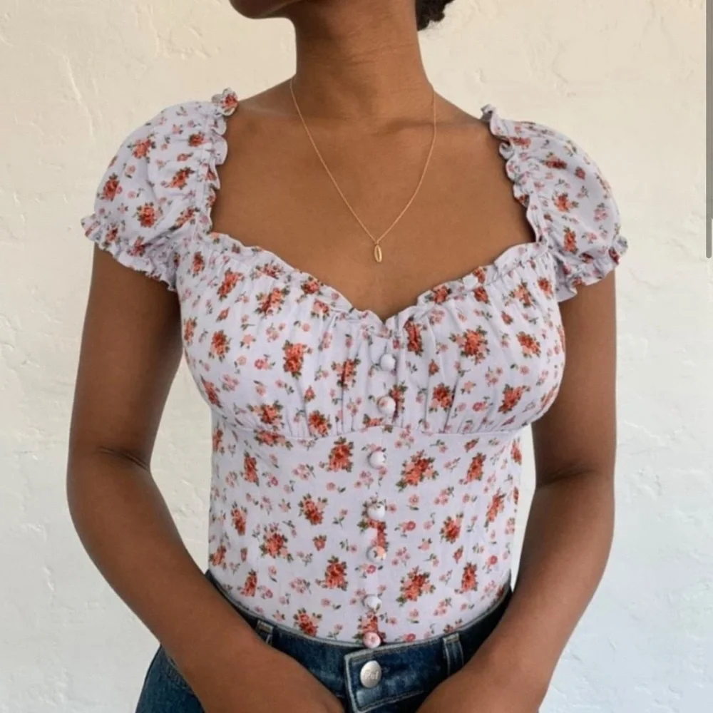 Reformation Bev Ruffle Top in Petunia Blue